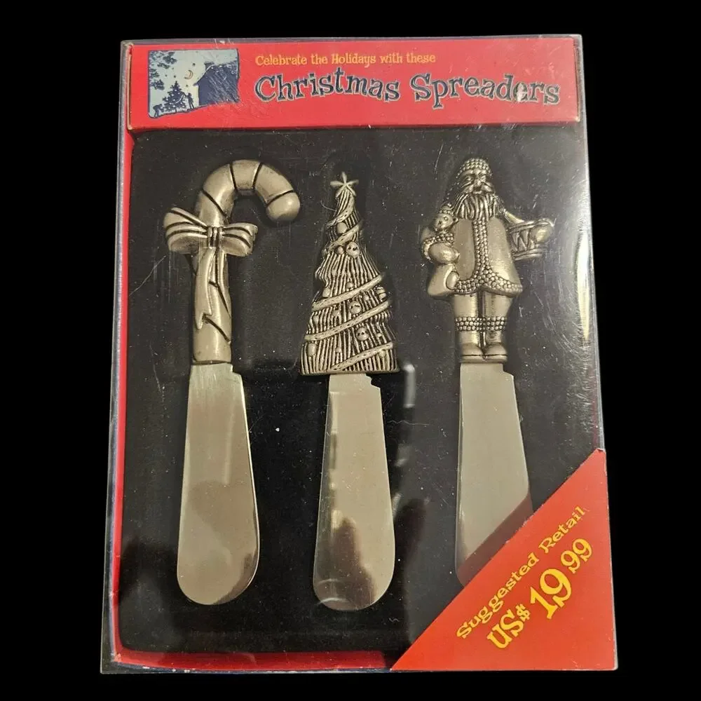 Innovage Christmas Spreader Set 3 Pc Pewter Tone Stainless Steel Holiday NIB